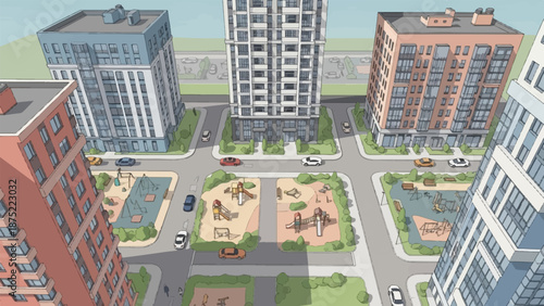 A city intersection features modern apartment buildings and playgrounds