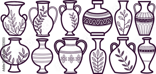Collection of elegant ceramic vases and urns, minimalist pottery designs, decorative art, 3D rendered home decor objects isolated white background