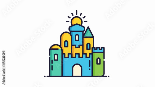 A colorful cartoon castle with a bright sun overhead, featuring multiple towers and walls