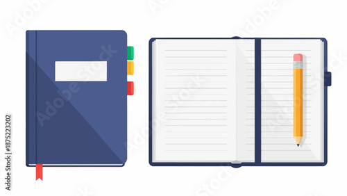 A closed notebook with tabs and an open notebook with a pencil
