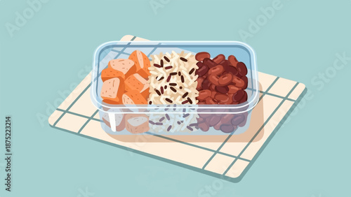 A clear container holds three compartments of food orange cubes, mixed grains, and red beans, on a checkered mat