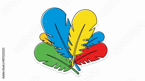 A colorful cluster of four artistic feathers, each a solid hue, arranged in a playful, overlapping fan