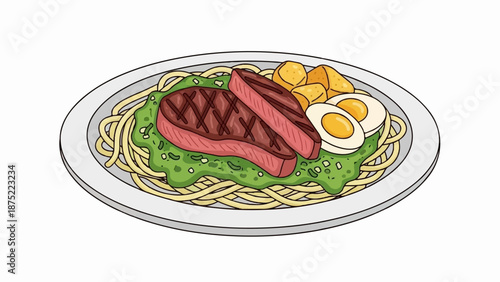 A close-up, bright, food illustration of pasta with grilled steak, boiled eggs, and a green sauce