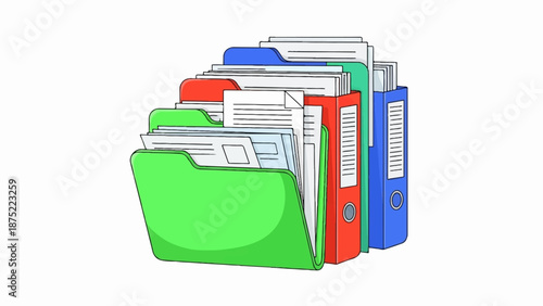 A colorful collection of file folders and binders overflowing with documents, organized for efficient record-keeping