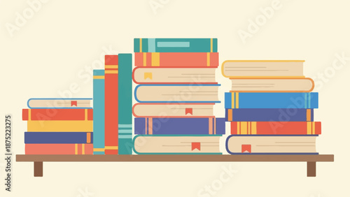 A colorful collection of stacked books rests on a wooden shelf against a cream background