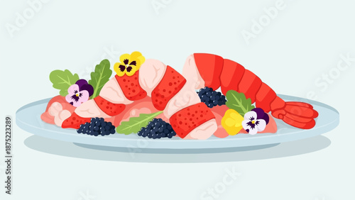 A colorful dish of shrimp, berries, and edible flowers on a plate