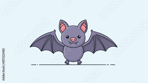 A cute, cartoon bat with wide wings and pink ears, smiling