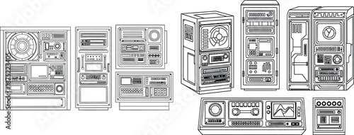 Detailed line art drawing of futuristic control panels and server racks with buttons and screens