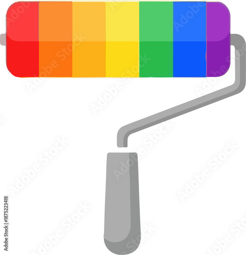 A colorful paint roller with a rainbow-hued roller and grey handle