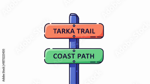 A colorful signpost indicates two different paths "Tarka Trail" and "Coast Path.