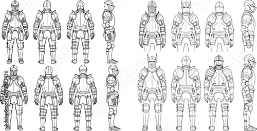 Detailed outline drawings of medieval knights in full plate armor from various angles, ideal for historical projects