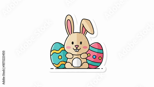 A cute cartoon bunny sits between two brightly decorated Easter eggs