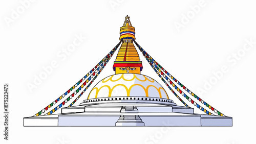A colorful, stylized depiction of a large stupa with prayer flags