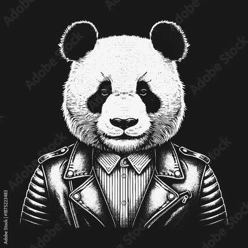 Panda in Leather Jacket: A Unique Animal Portrait Illustration.
