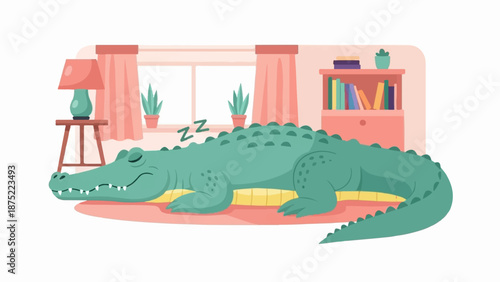 A large green alligator is sleeping peacefully on a rug in a cozy room