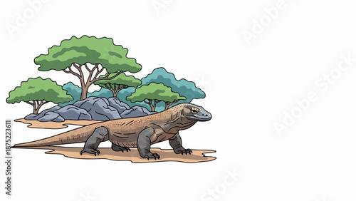 A large, scaly lizard stands on sandy ground before rocky outcrops and lush green trees