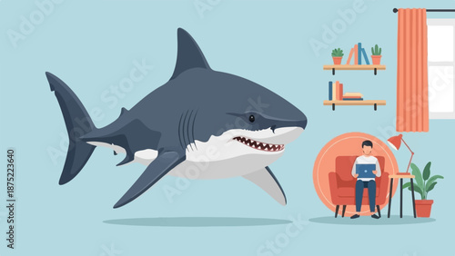 A large shark looms over a person working on a laptop in a cozy room (1)