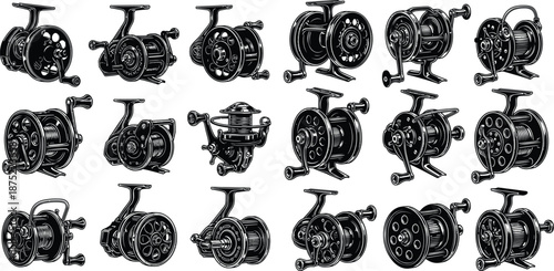 Detailed vintage style illustrations of different fishing reels for outdoor sport themes