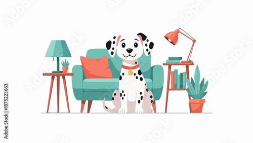 A cute Dalmatian dog sits happily in a teal armchair surrounded by furniture and plants