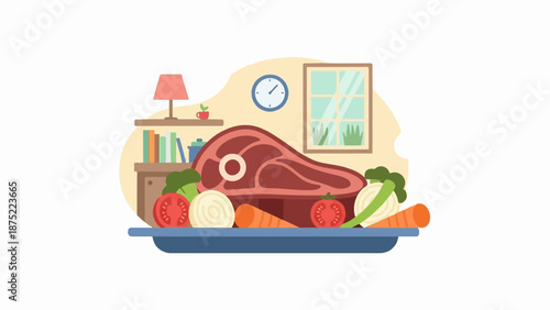 A large steak with fresh vegetables sits on a platter in a cozy room setting