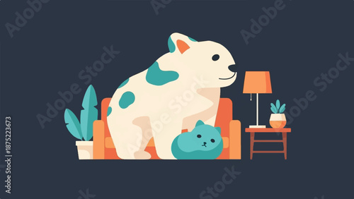 A large spotted dog and a small blue cat rest on an orange sofa