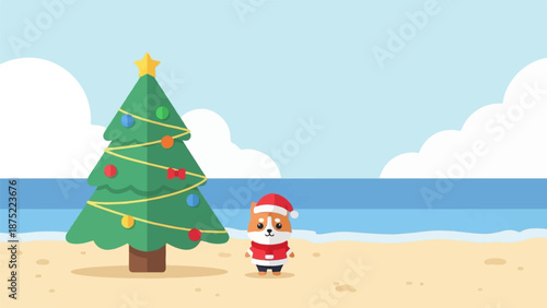 A cute dog dressed as Santa stands by a decorated Christmas tree on a sandy beach