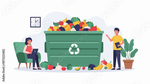 A green bin overflows with fresh fruit and vegetables, while two people interact nearby