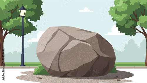 A large, textured boulder rests in a park setting with trees and a lamppost
