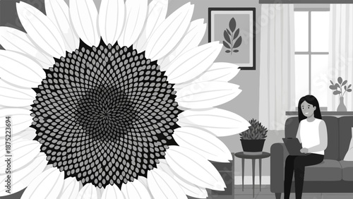 A large sunflower overlaps with a cozy room interior where a person sits
