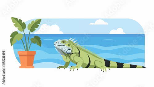A green iguana poses near a potted plant against a backdrop of the ocean and sky