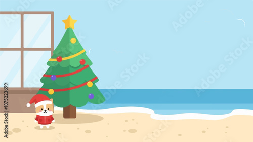 A cute dog in a Santa hat and jacket stands on a sandy beach beside a Christmas tree, with a window and ocean in the background