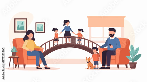 A family enjoys quality time together indoors, with parents and children interacting