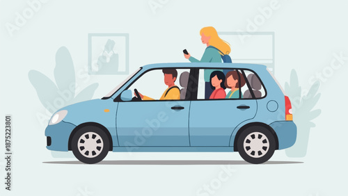 A light blue car carries a diverse group of people on an outing
