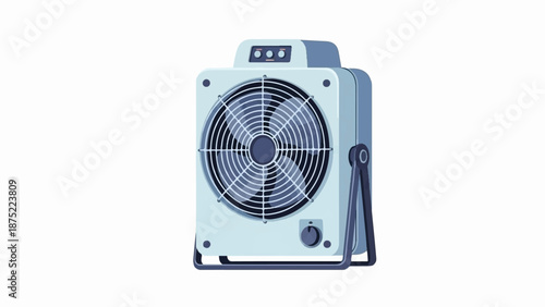 A light blue, box-shaped electric fan with a silver grill, fan blades, and a black dial