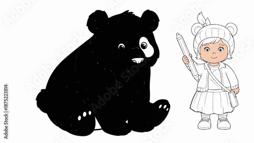 A cute panda and a girl with a pencil are featured in this cartoonish illustration