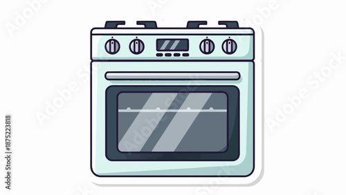 A light blue gas oven with four burners, a digital display, and an oven door with a rack