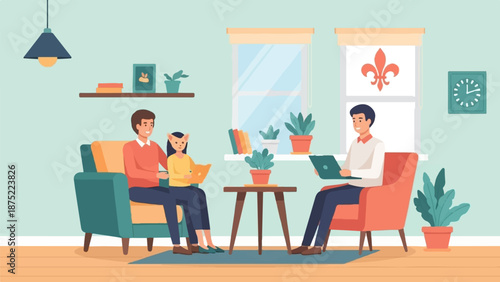 A family gathers for a counseling session in a cozy room with plants