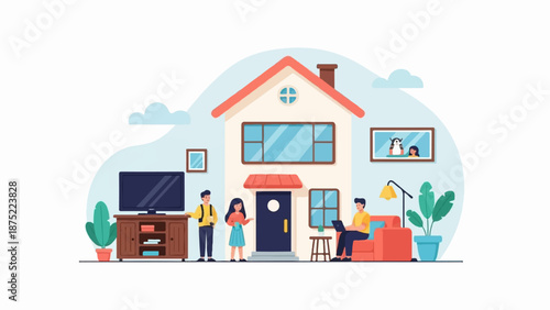 A family in front of their home, with a man working on a laptop and children near a TV