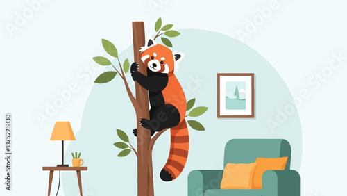 A cute red panda climbs a tree in a cozy room with a lamp and armchair