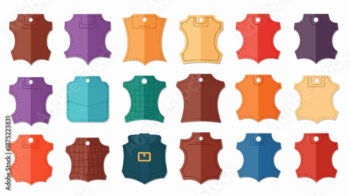 A grid of colorful, flat design leather swatches and tags with stitched edges