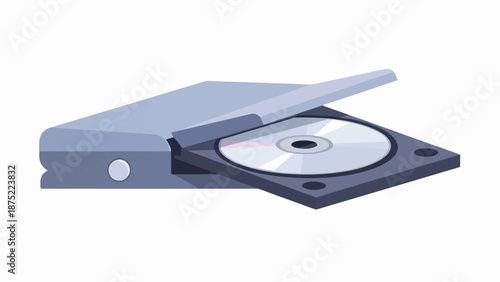 A grey disc player with an open tray revealing a silver CD