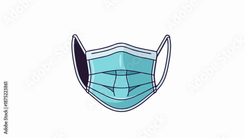 A light blue medical mask with dark blue outlines and ear loops