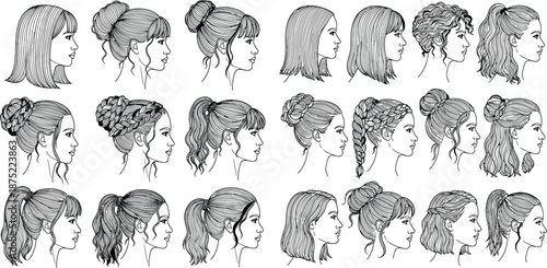 Diverse collection of female hairstyles showcased in clean line art, viewed from a flattering side profile