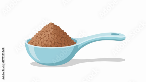 A light blue scoop filled with brown coffee beans casts a shadow