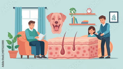 A family learns about skin and hair structure with a happy dog and a plant