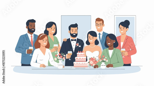 A group of diverse individuals celebrates a wedding with a cake and drinks