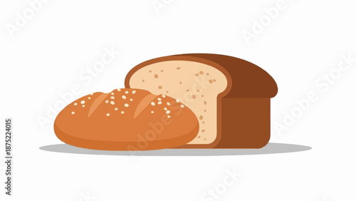 A loaf of bread and a round bread roll with seeds are depicted