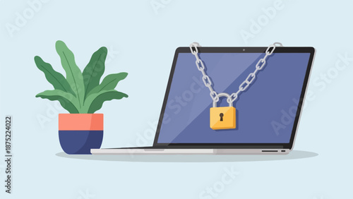A locked laptop with a houseplant in a pot beside it