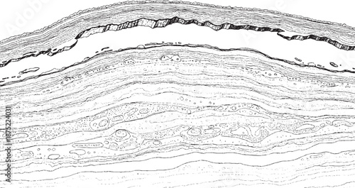 Microscopic view of a biological tissue layer with distinct cellular structures and a clear boundary.