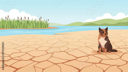 A lone dog sits on cracked dry earth beside a lake with tall reeds and distant hills